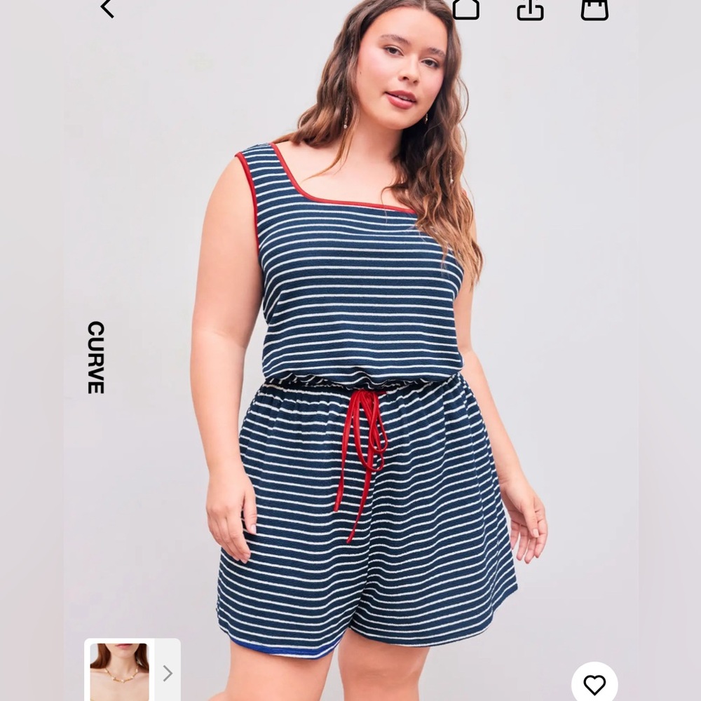 U-neckline Striped Contrasting Binding Knotted Romper Curve & Plus